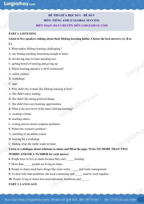 Đề thi giữa kì 1 Tiếng Anh 12 Global Success - Đề số 5